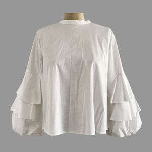 Vince White Long Poet Sleeve Cotton High Neck Top, Women's Size S